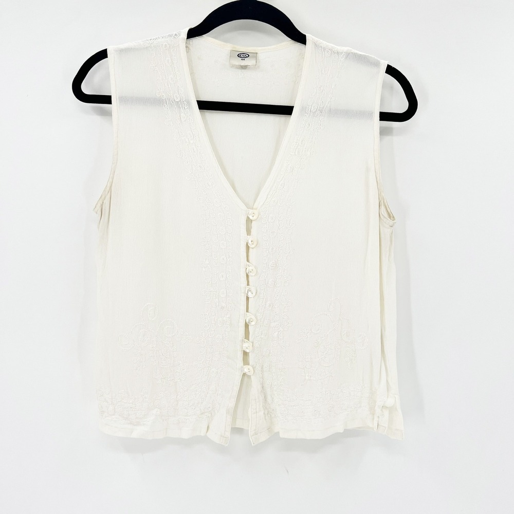 C&A Embroidered Vest‎ Top Womens 44 White Good Boho V-Neck Button Front Viscose